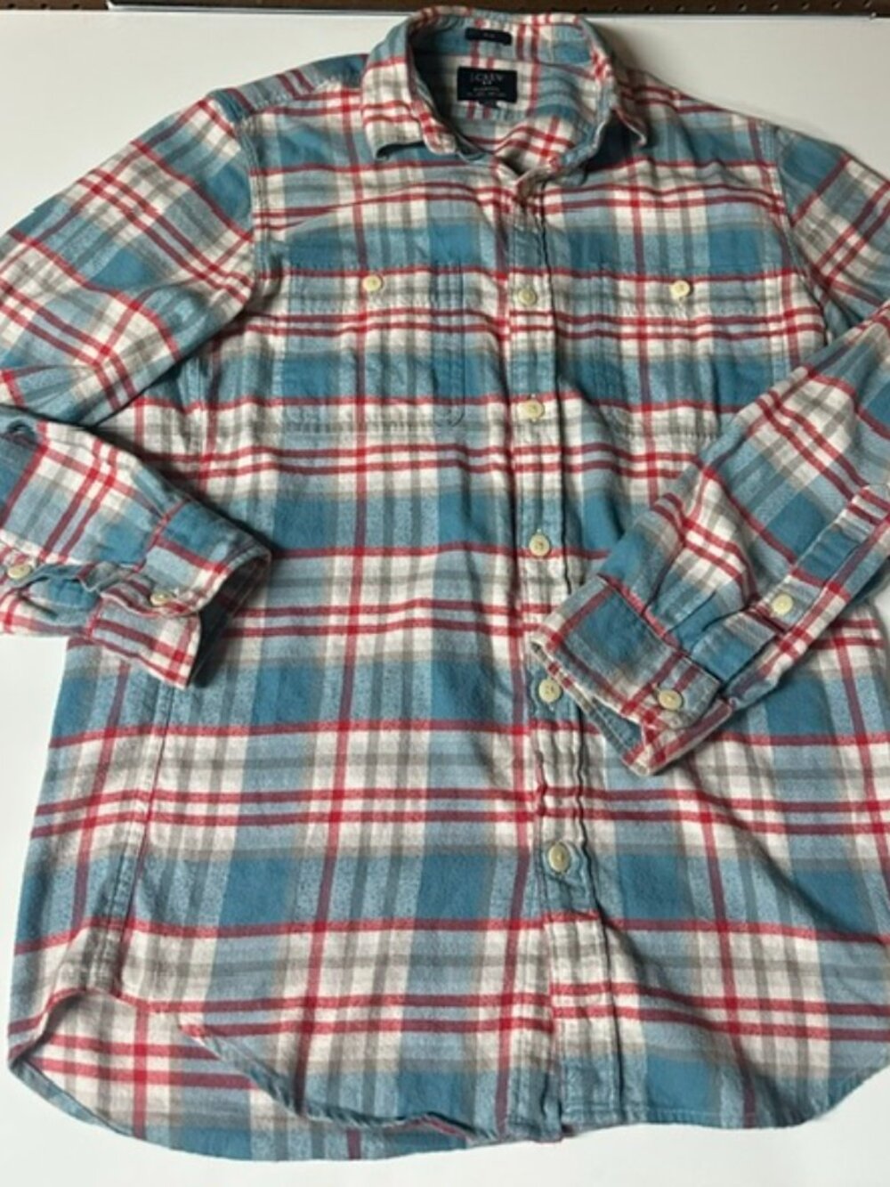 J Crew Men's Small (S) Blue, Red & White Plaid Flannel Shirt